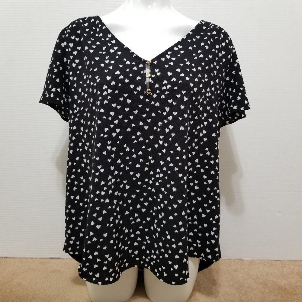 Tempted Hearts top 2X heart print mixed materials knit back flutter sleeve